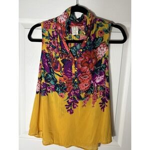 Anthropologie Meadow Rue Cecilia Floral Sleeveless Blouse Mustard Yellow Small
